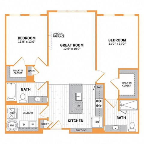 Floor plan for 2 beds, 2 baths, 1158 sqft